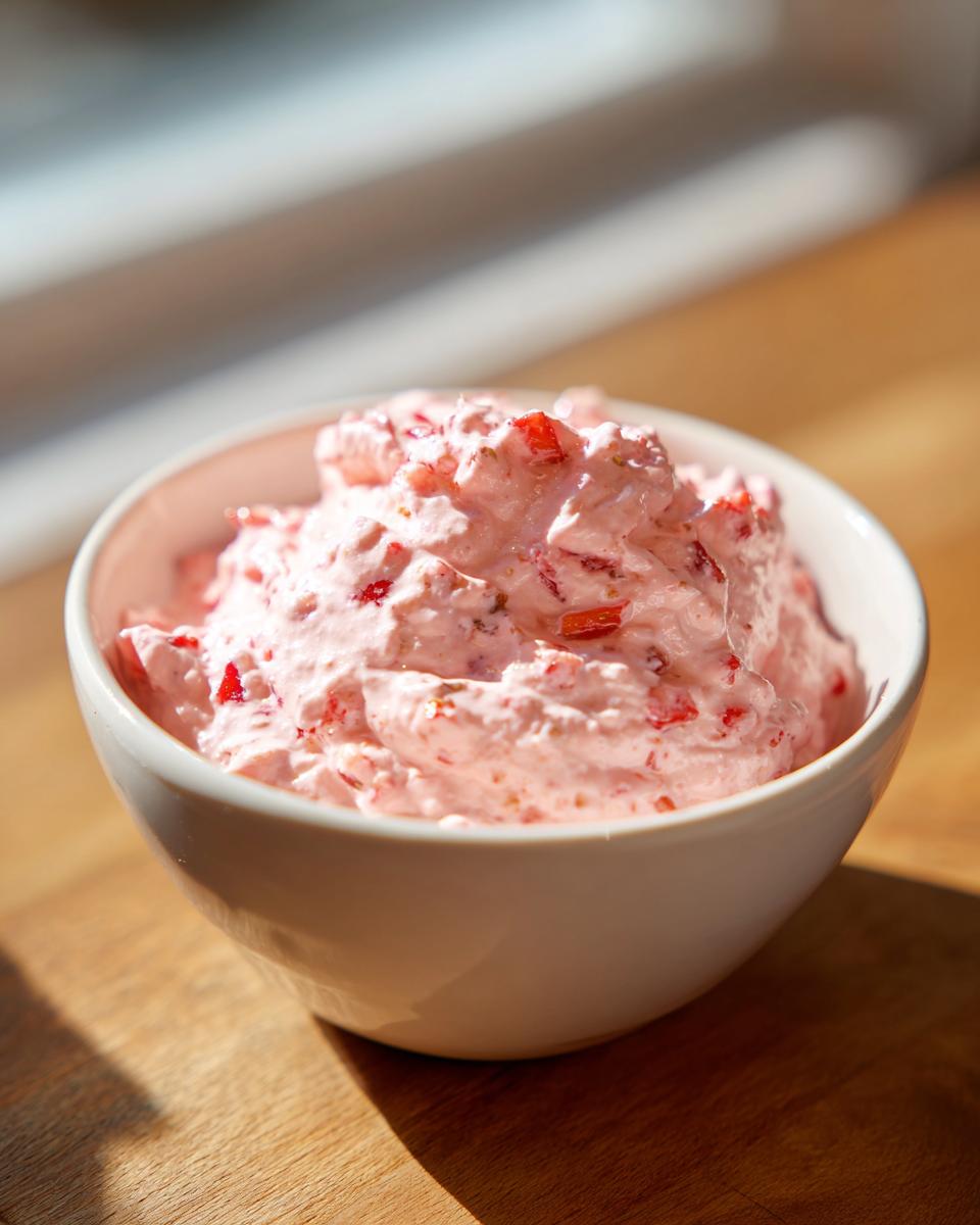 A white bowl filled with fluffy, pink strawberry cheesecake dip mixed with visible pieces of chopped strawberries.