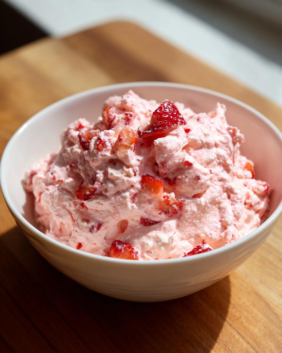 Close-up of fluffy pink strawberry cheesecake dip mixed with fresh strawberry pieces in a white bowl.