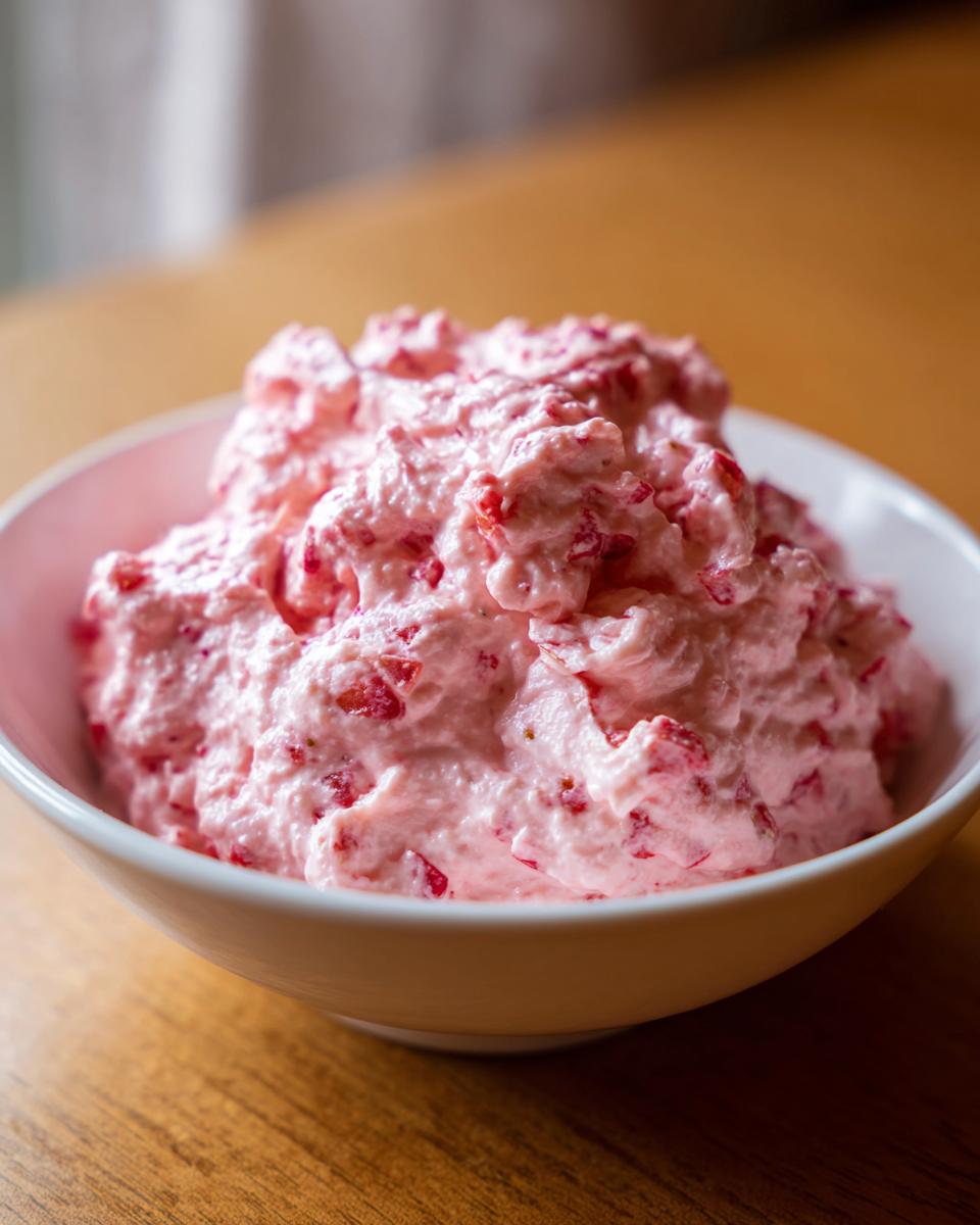 A close-up of fluffy, pink strawberry cheesecake dip mixed with visible pieces of strawberry, served in a white bowl.