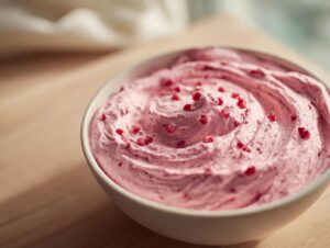 A close-up of creamy, pink strawberry cheesecake dip swirled in a white bowl, topped with small red fruit pieces.