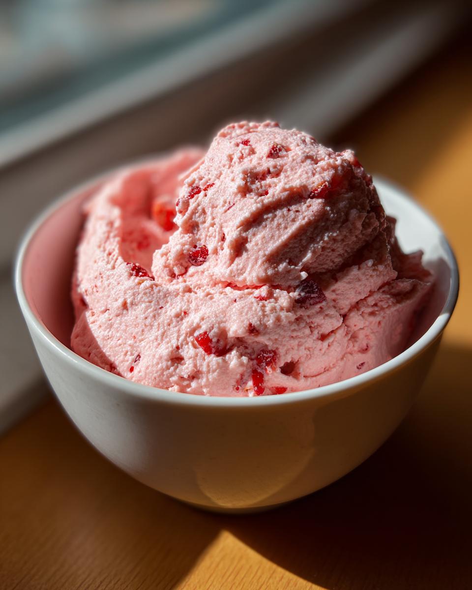 A close-up of a fluffy scoop of pink strawberry cheesecake dip speckled with strawberry pieces in a white bowl.