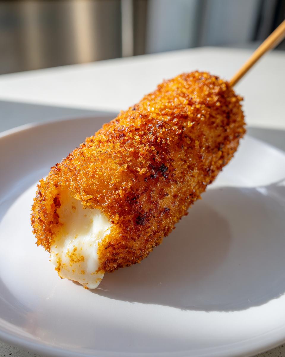 Close-up of a perfectly fried korean corn dog with a crispy coating and melted, stretchy mozzarella cheese oozing out.