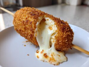 Close-up of a deep-fried korean corn dog cut open, showing long, stretchy melted cheese oozing out onto a white plate.