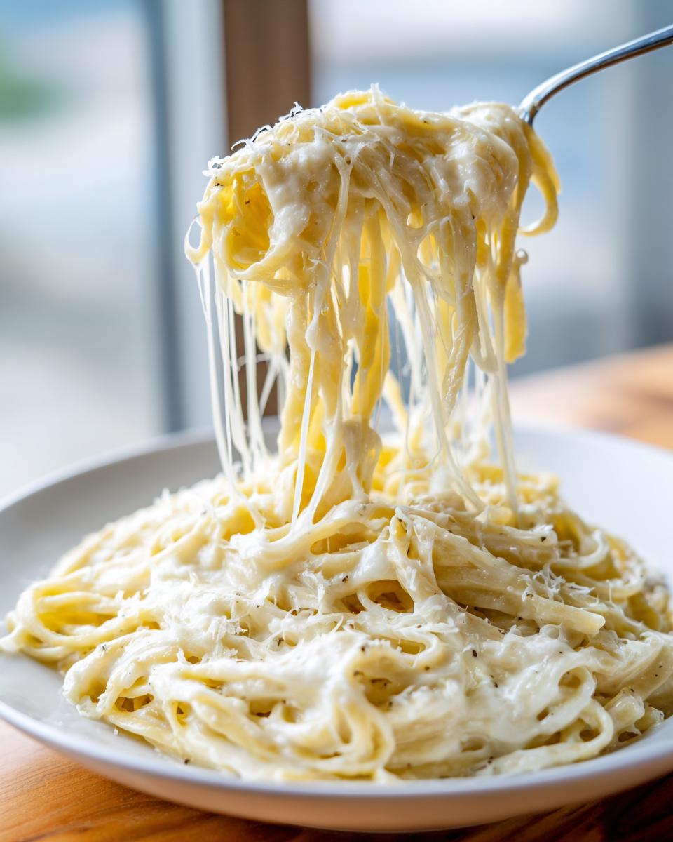 A fork lifting fettuccine noodles coated in creamy, stretchy Olive Garden Alfredo Sauce, topped with Parmesan.