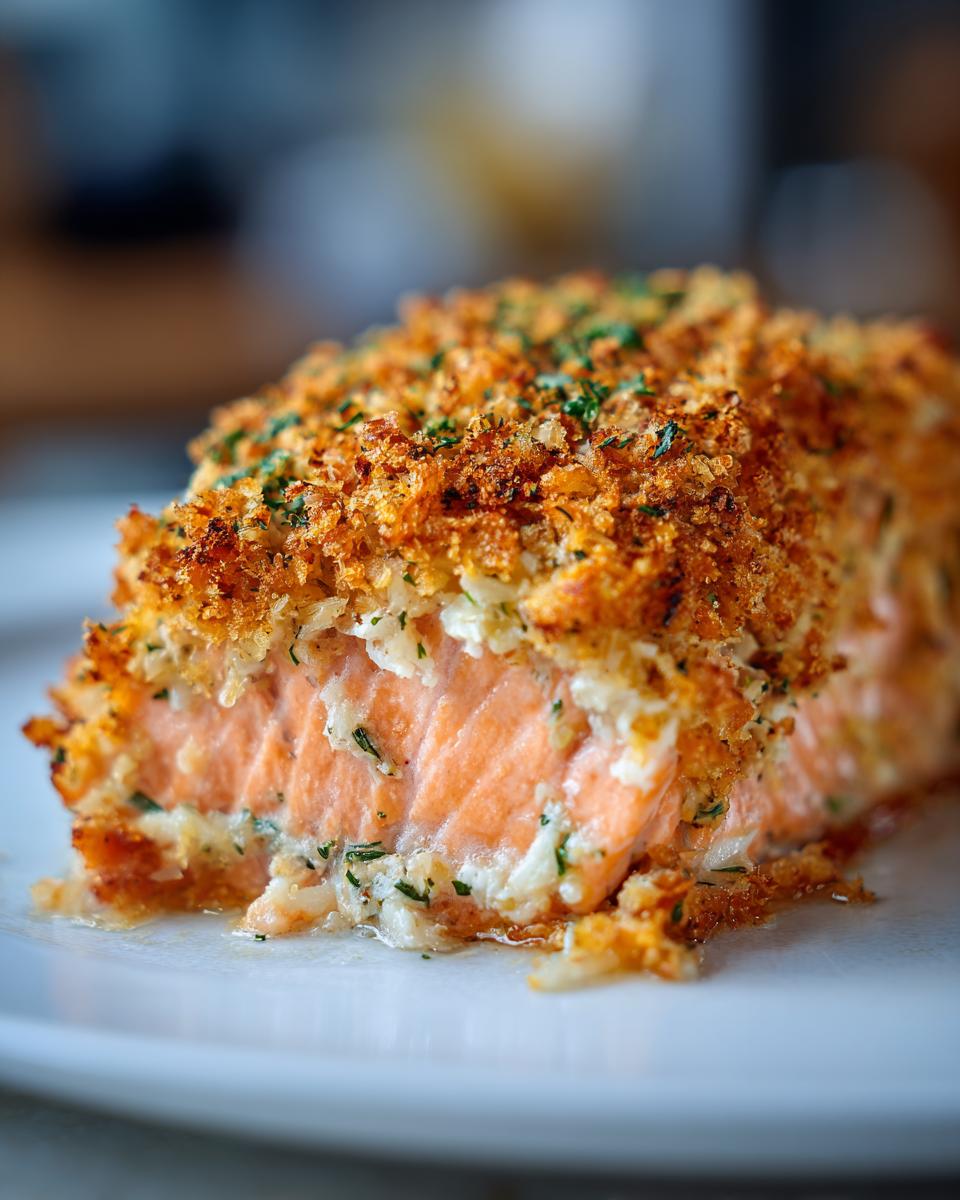 A close-up view of a perfectly cooked piece of stuffed salmon with a golden, crispy breadcrumb topping.