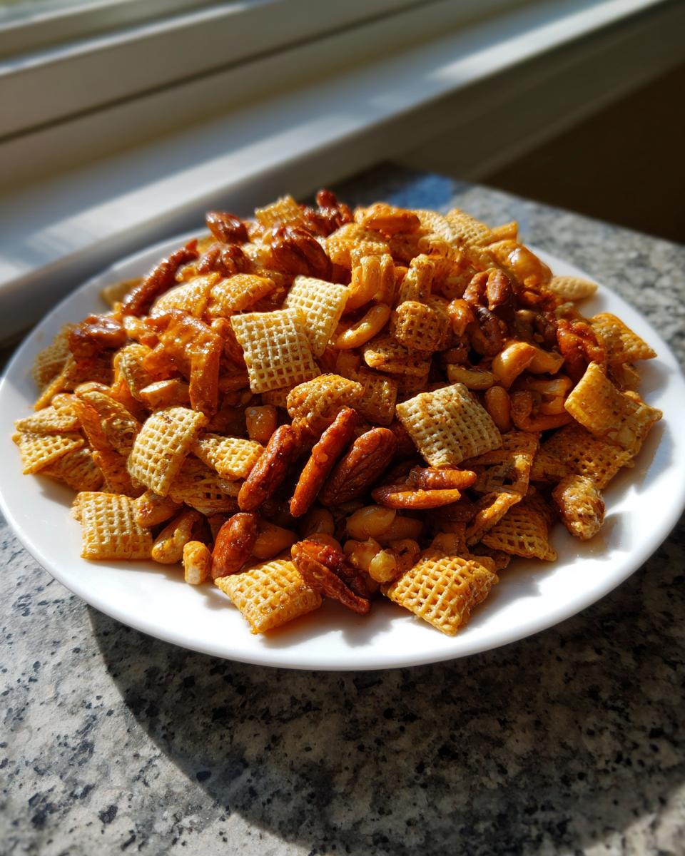A close-up, sunlit photo of a white plate piled high with homemade chex party mix, featuring glazed pecans and cereal squares.