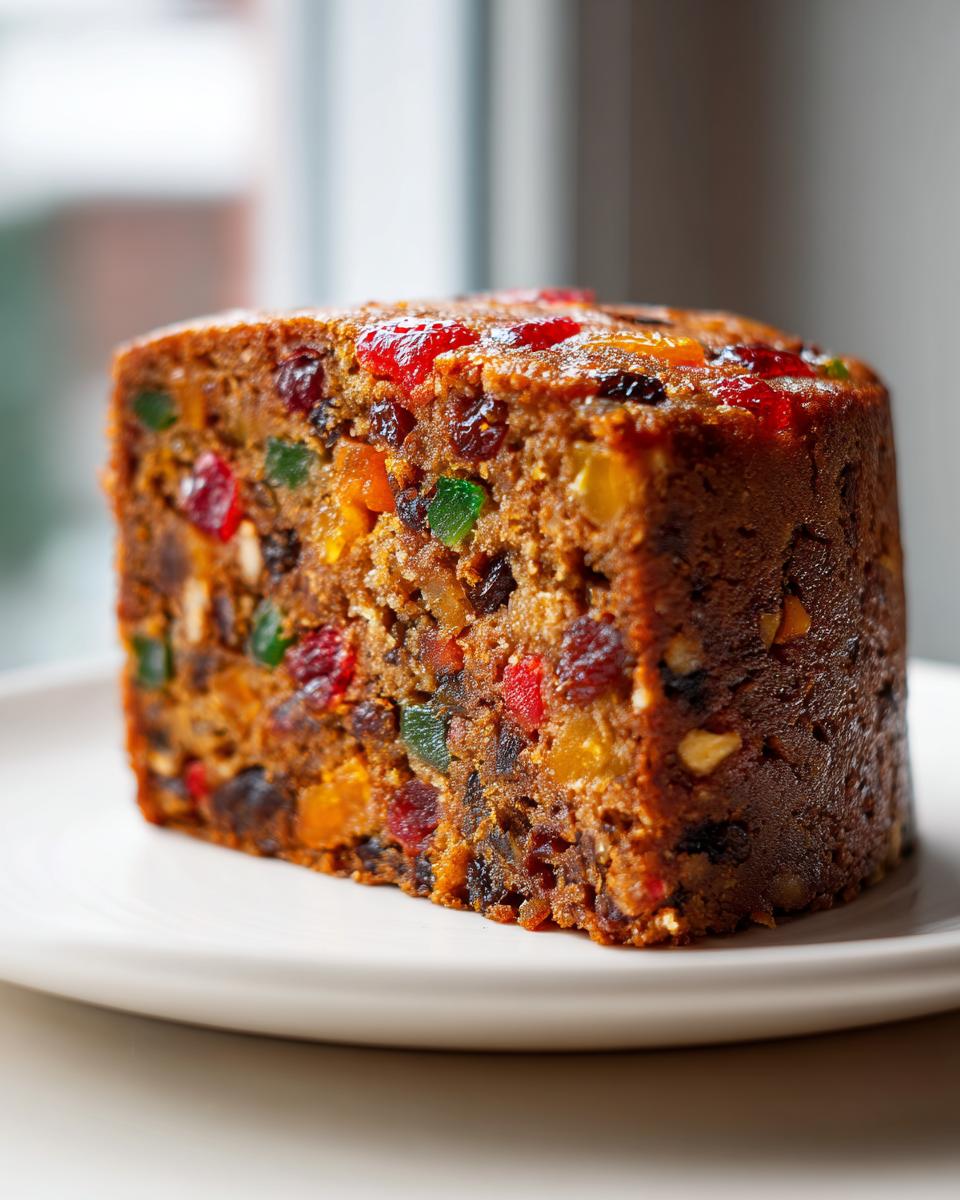 Close-up of a thick slice of super moist fruit cake packed with colorful candied fruits and nuts, served on a white plate.