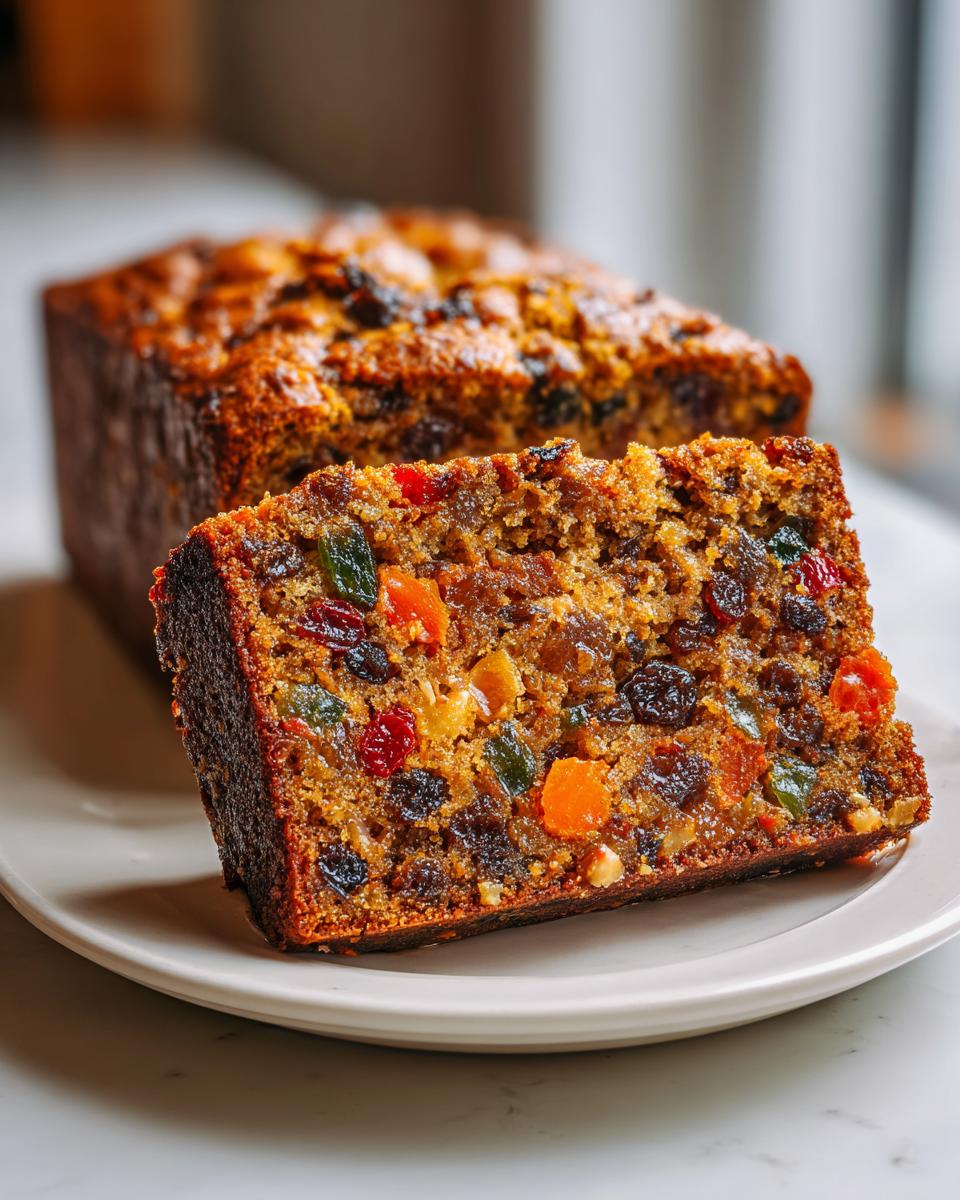 Close-up of a thick slice of super moist fruit cake packed with colorful candied fruit and raisins.