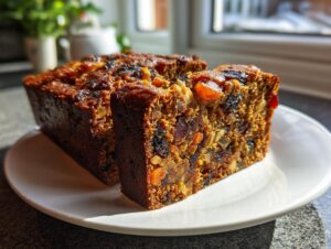 Two thick slices of incredibly moist fruit cake, packed with dried fruit and nuts, sitting on a white plate.