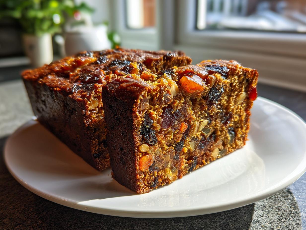 Two thick slices of incredibly moist fruit cake, packed with dried fruit and nuts, sitting on a white plate.