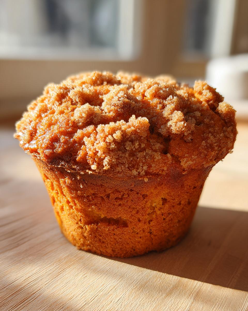 A close-up of a freshly baked sweet potato muffin featuring a thick, sugary crumb topping, sitting on a wooden surface.