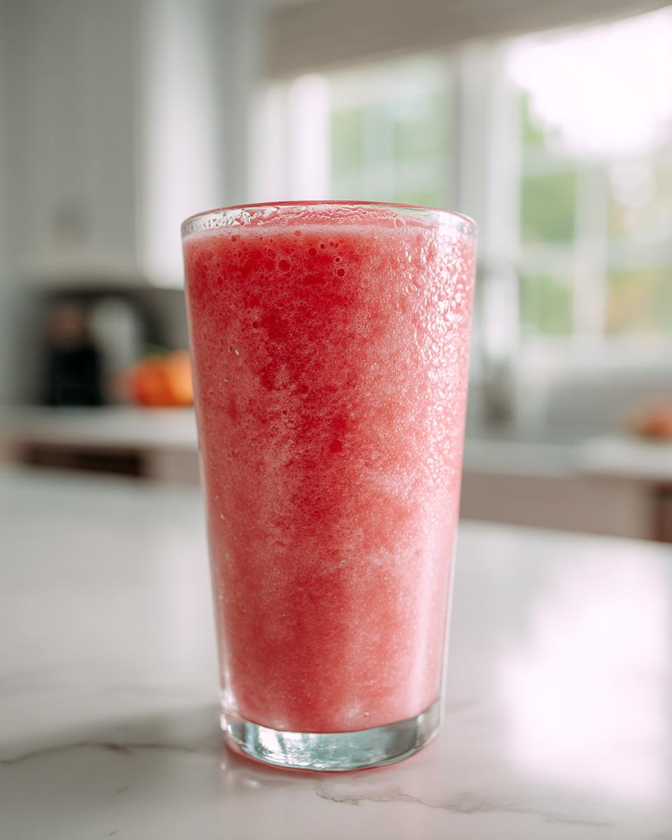 A tall glass filled with a bright red, frosty watermelon smoothie sitting on a white marble countertop.