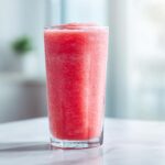 A tall, frosty glass filled with bright red, icy watermelon smoothie, showing condensation droplets.