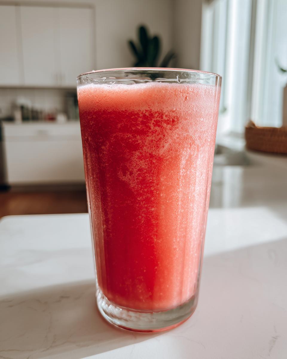 A tall glass filled with a vibrant, frothy red watermelon smoothie sitting on a white countertop.