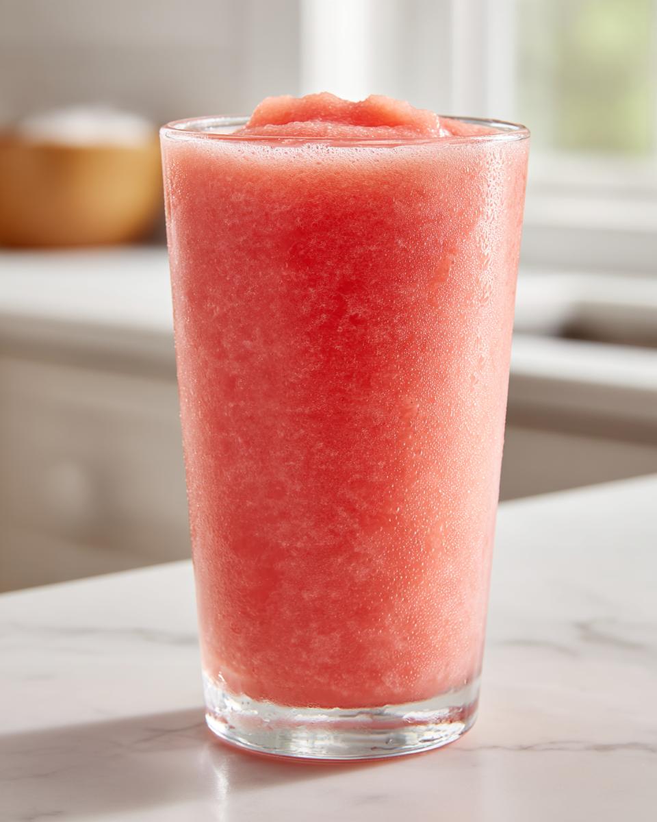 A tall glass filled with a bright pink, icy watermelon smoothie, glistening with condensation.