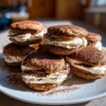 A close-up of several delicious tiramisu cookies stacked on a white plate, dusted heavily with cocoa powder.