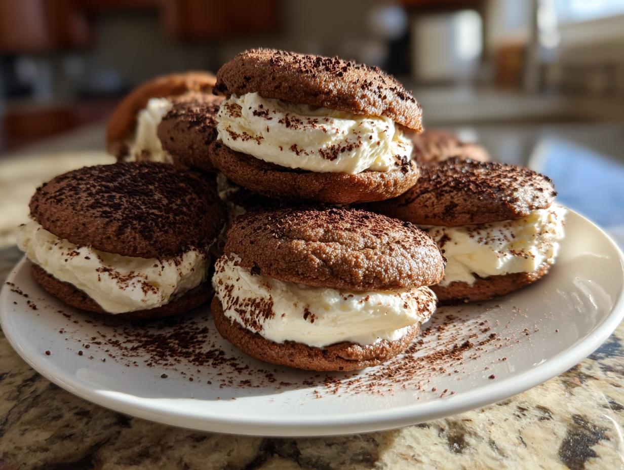 A close-up stack of rich, dark chocolate tiramisu cookies filled with creamy mascarpone frosting and dusted with cocoa powder.