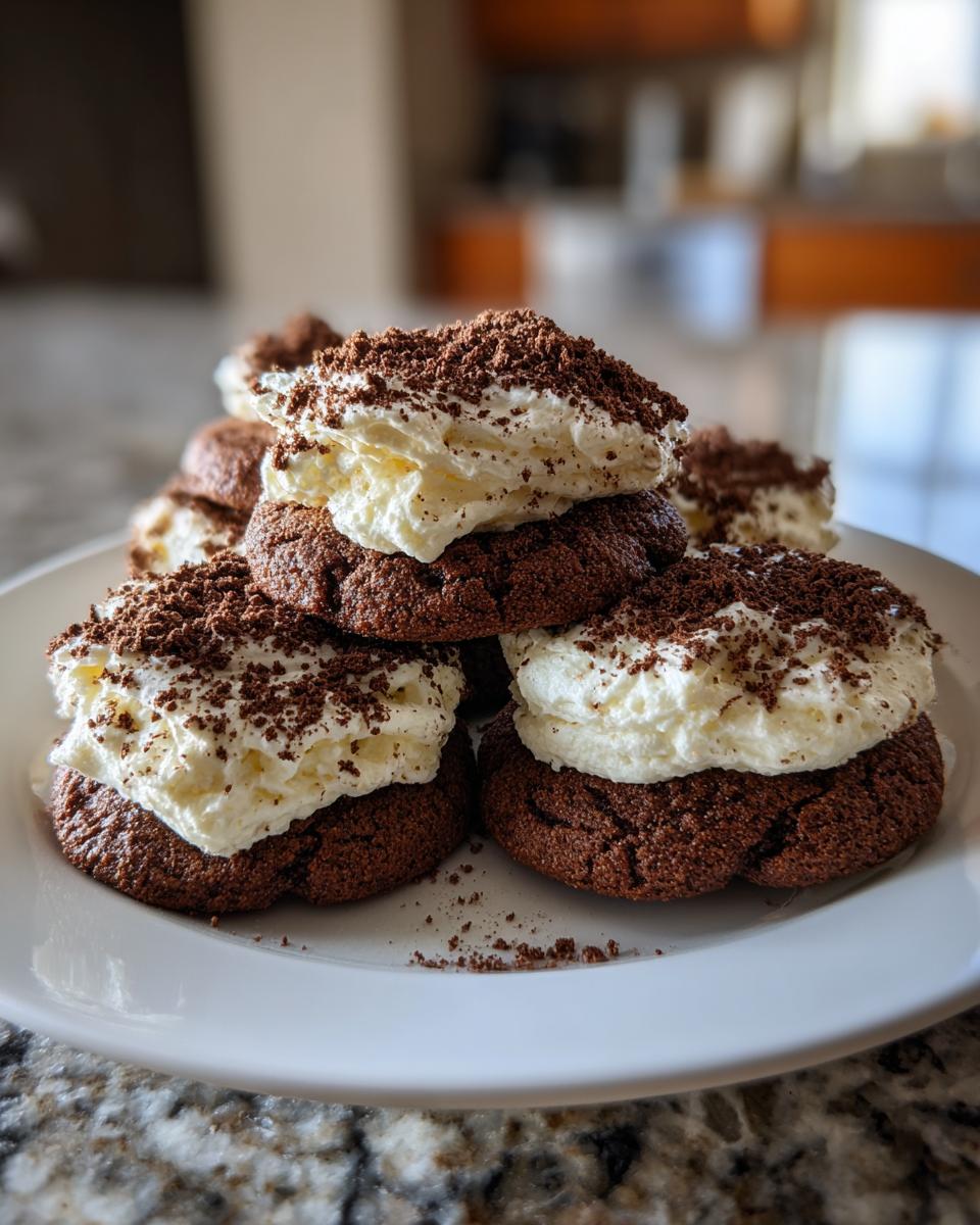 A stack of decadent tiramisu cookies featuring dark chocolate bases, thick white cream filling, and dusted with cocoa powder.