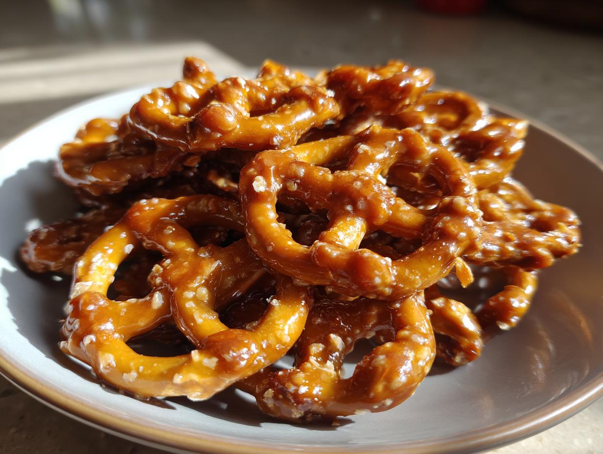 A close-up shot of crunchy, glazed toffee pretzels piled high in a small, light-colored bowl.