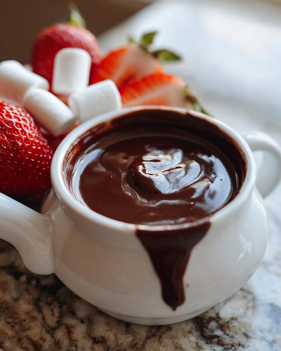 Close-up of smooth chocolate fondue in a white dipping pot, surrounded by fresh strawberries and marshmallows.