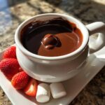 Close-up of rich chocolate fondue in a white mug, served with fresh strawberries and marshmallows for dipping.