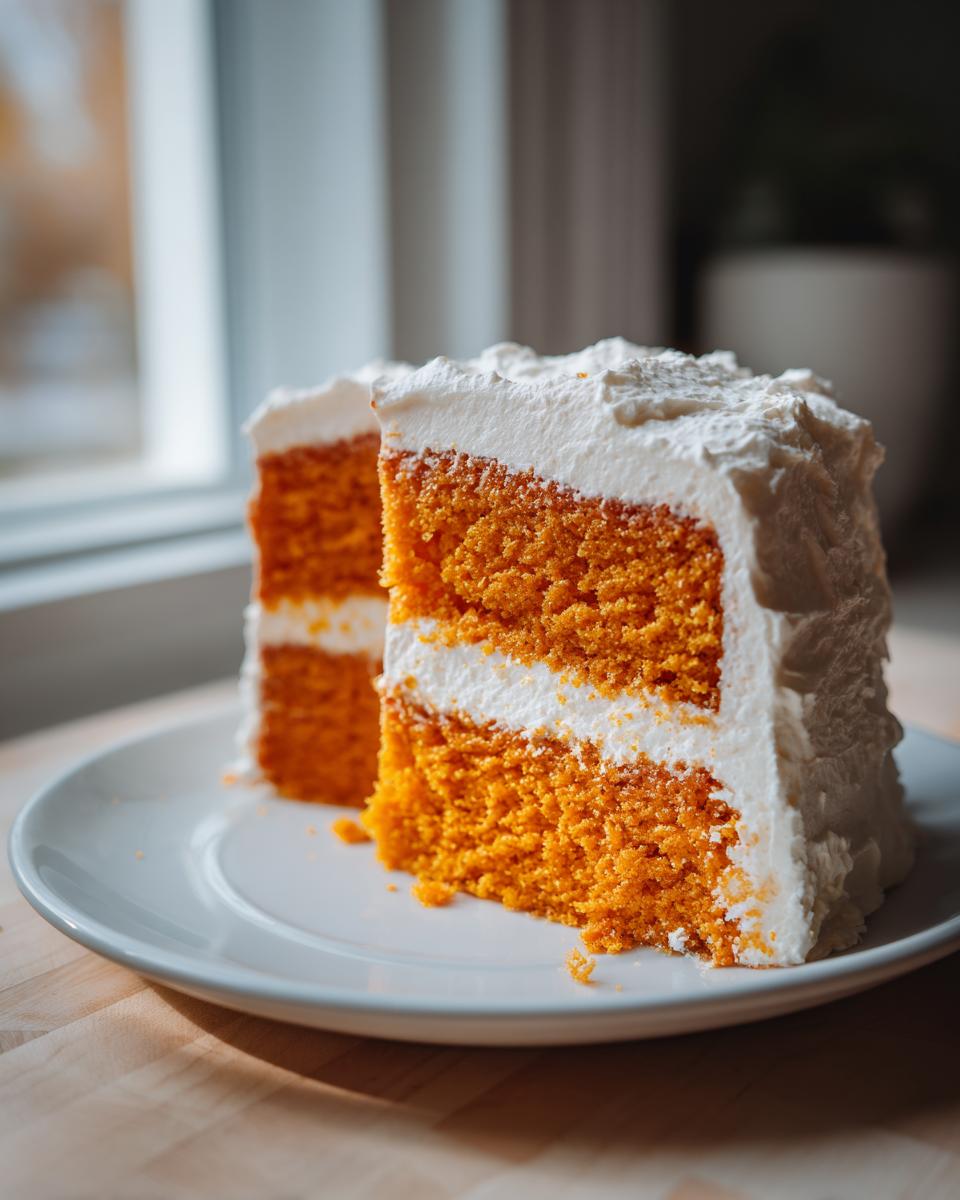 Two slices of bright orange Creamsicle Cake layered with thick white frosting, served on a white plate.