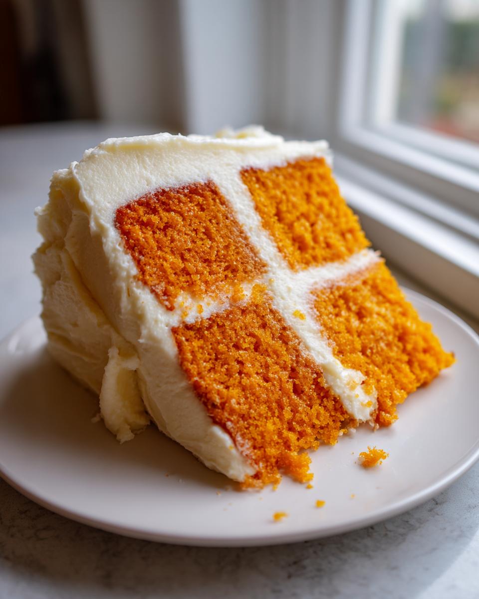 A close-up slice of bright orange Creamsicle Cake showing the checkerboard pattern created by the white frosting layers.