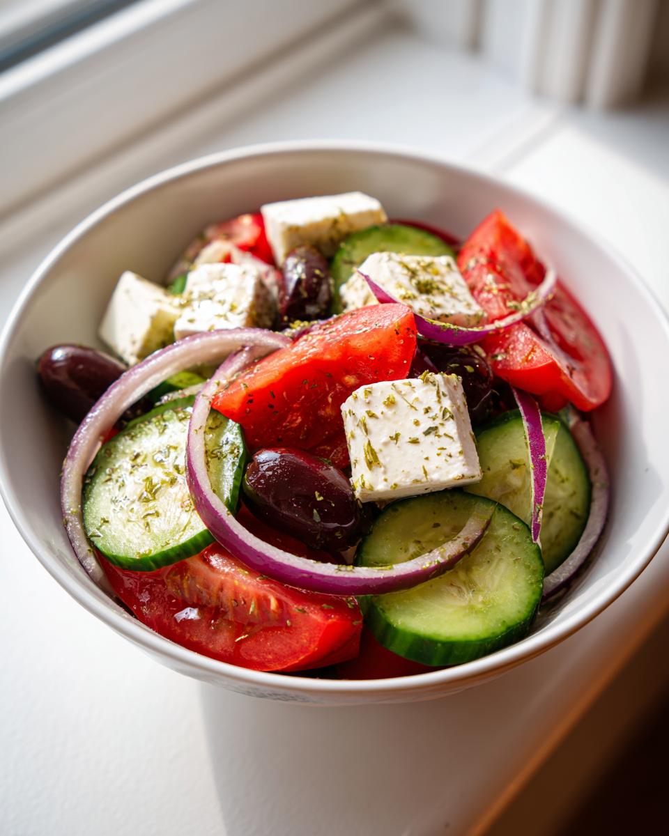 Close-up of a vibrant greek salad featuring feta cheese, tomatoes, cucumbers, red onion, and olives.