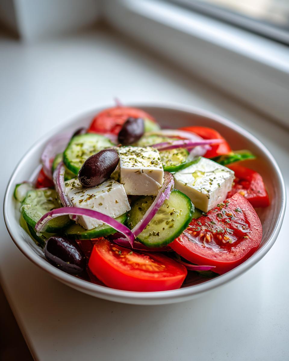 Close-up of a fresh greek salad featuring large cubes of feta, sliced cucumbers, tomatoes, red onion, and Kalamata olives.