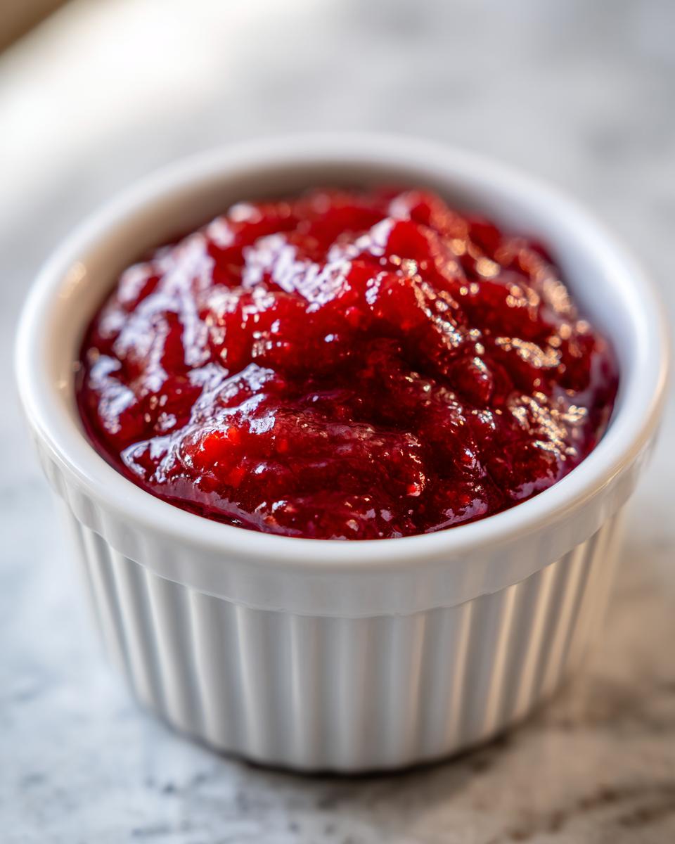 Close-up of vibrant, chunky homemade cocktail sauce served in a small white fluted ramekin.