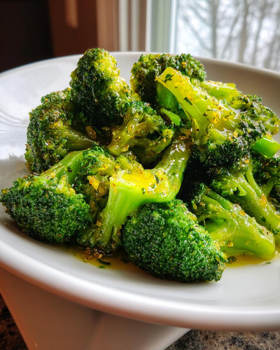 Close-up of vibrant green steamed broccoli florets tossed in oil and herbs, ready to eat.