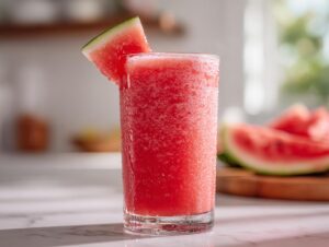 A tall glass filled with a frosty, bright pink watermelon smoothie, garnished with a watermelon wedge.
