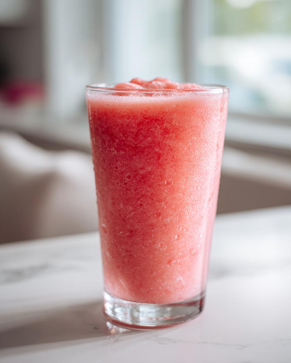 A tall glass filled with a thick, bright pink watermelon smoothie sitting on a white marble counter.