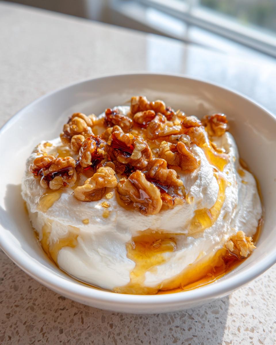 A close-up of creamy whipped ricotta dip topped generously with glazed walnuts and drizzled honey.