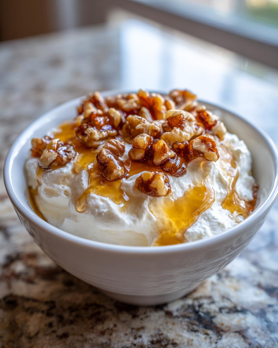 Close-up of a bowl of creamy whipped ricotta dip topped with candied walnuts and drizzled with honey.