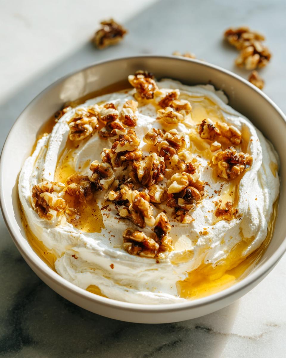 A bowl of creamy whipped ricotta dip drizzled with honey and topped with toasted walnuts.