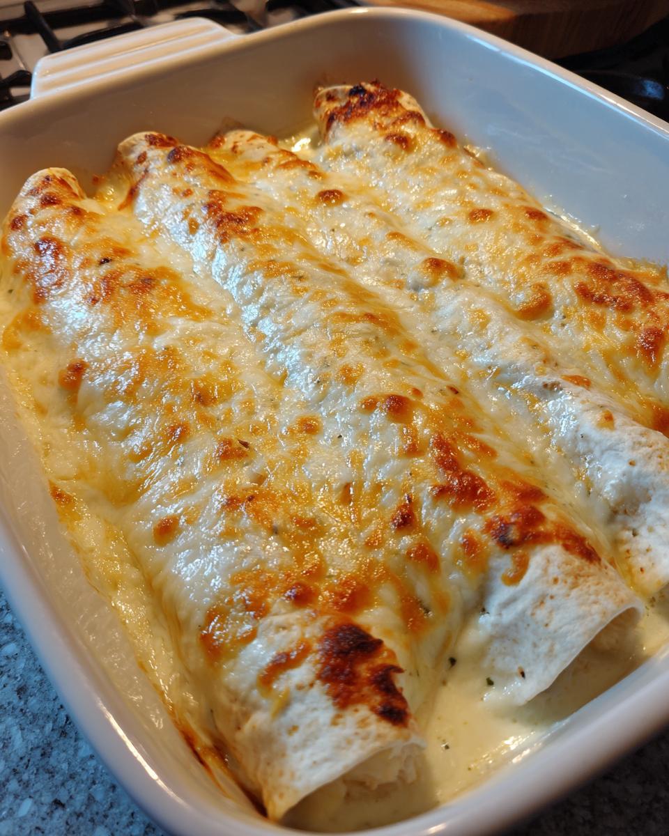 Close-up of three freshly baked white chicken enchiladas covered in melted, bubbly, and slightly browned cheese sauce.