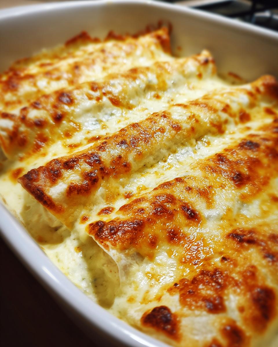 Close-up of baked white chicken enchiladas covered in bubbling, golden-brown cheese sauce.