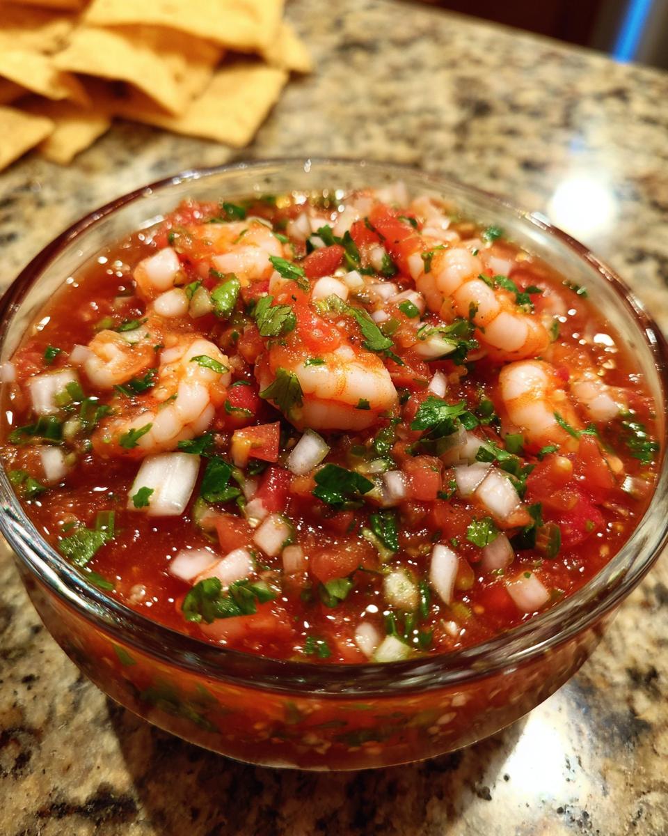 Close-up of a glass bowl filled with vibrant mexican shrimp cocktail, featuring shrimp, tomatoes, onions, and cilantro, with tortilla chips blurred in the background.