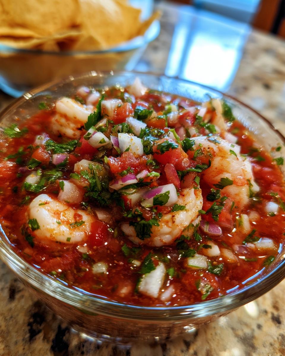 Close-up of a glass bowl filled with vibrant mexican shrimp cocktail, featuring plump shrimp in a tomato-based sauce with diced onions and cilantro.