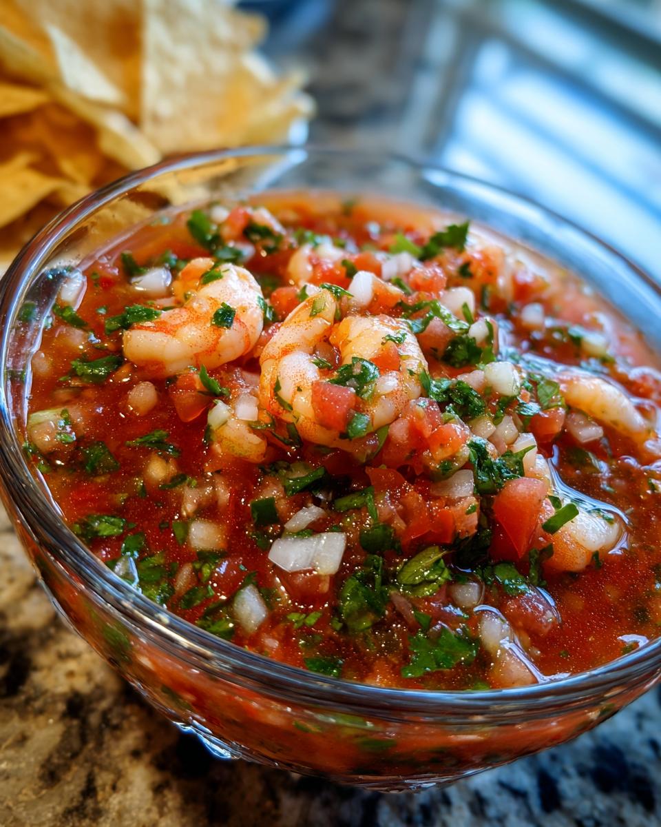 Close-up of vibrant mexican shrimp cocktail featuring plump shrimp, diced tomatoes, onions, and cilantro in a rich tomato-based sauce.