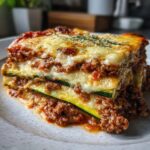 A thick, layered slice of zucchini lasagna featuring rich meat sauce and melted cheese topping.