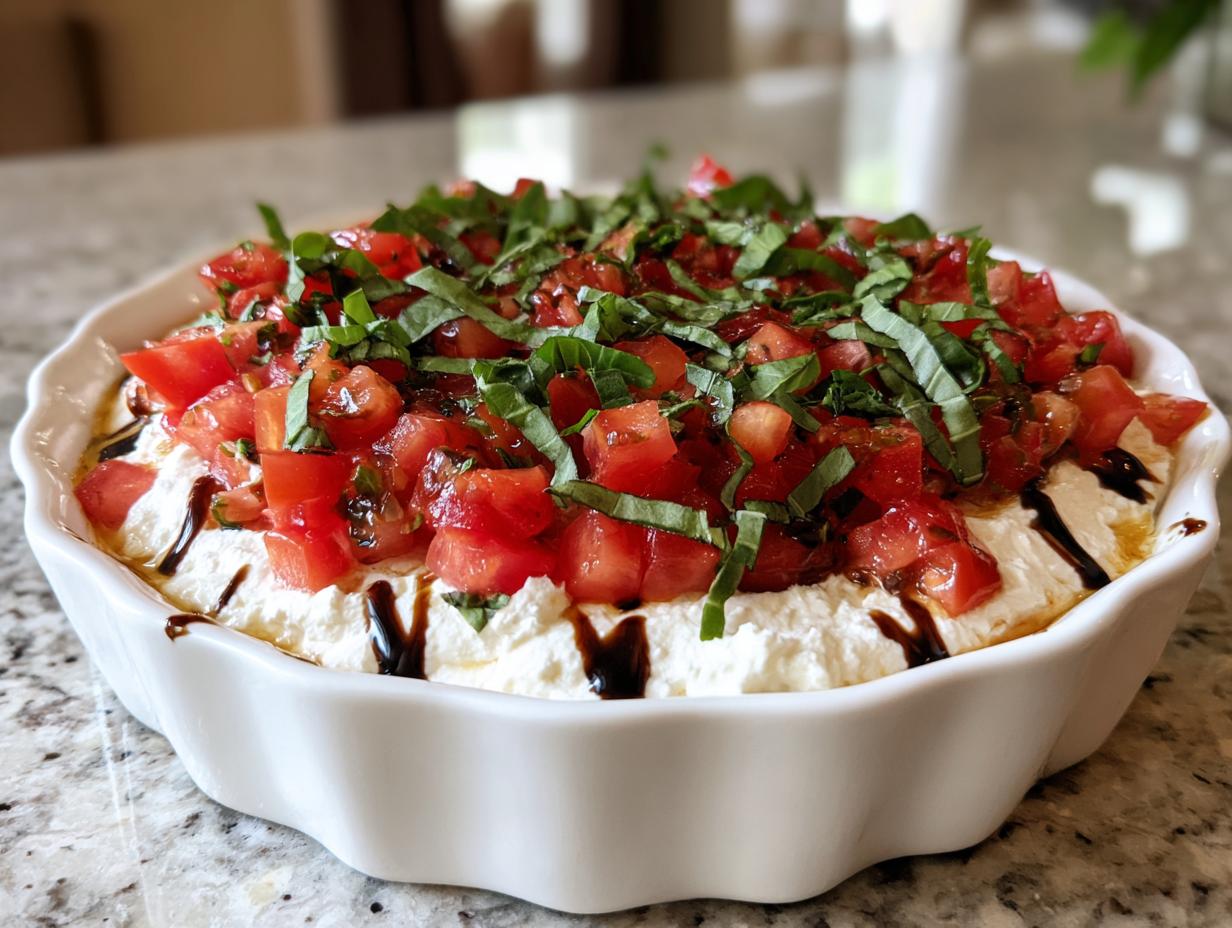 A white fluted dish filled with creamy bruschetta dip topped with diced tomatoes, fresh basil, and a balsamic glaze drizzle.