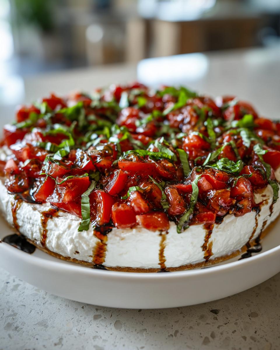 A round, layered bruschetta dip featuring a creamy white base topped with diced tomatoes, fresh basil, and balsamic glaze.