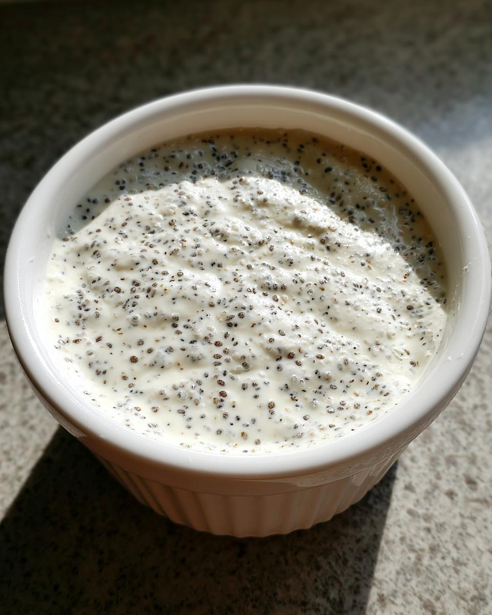 Close-up of creamy white chia seed pudding speckled with black chia seeds in a white ramekin.