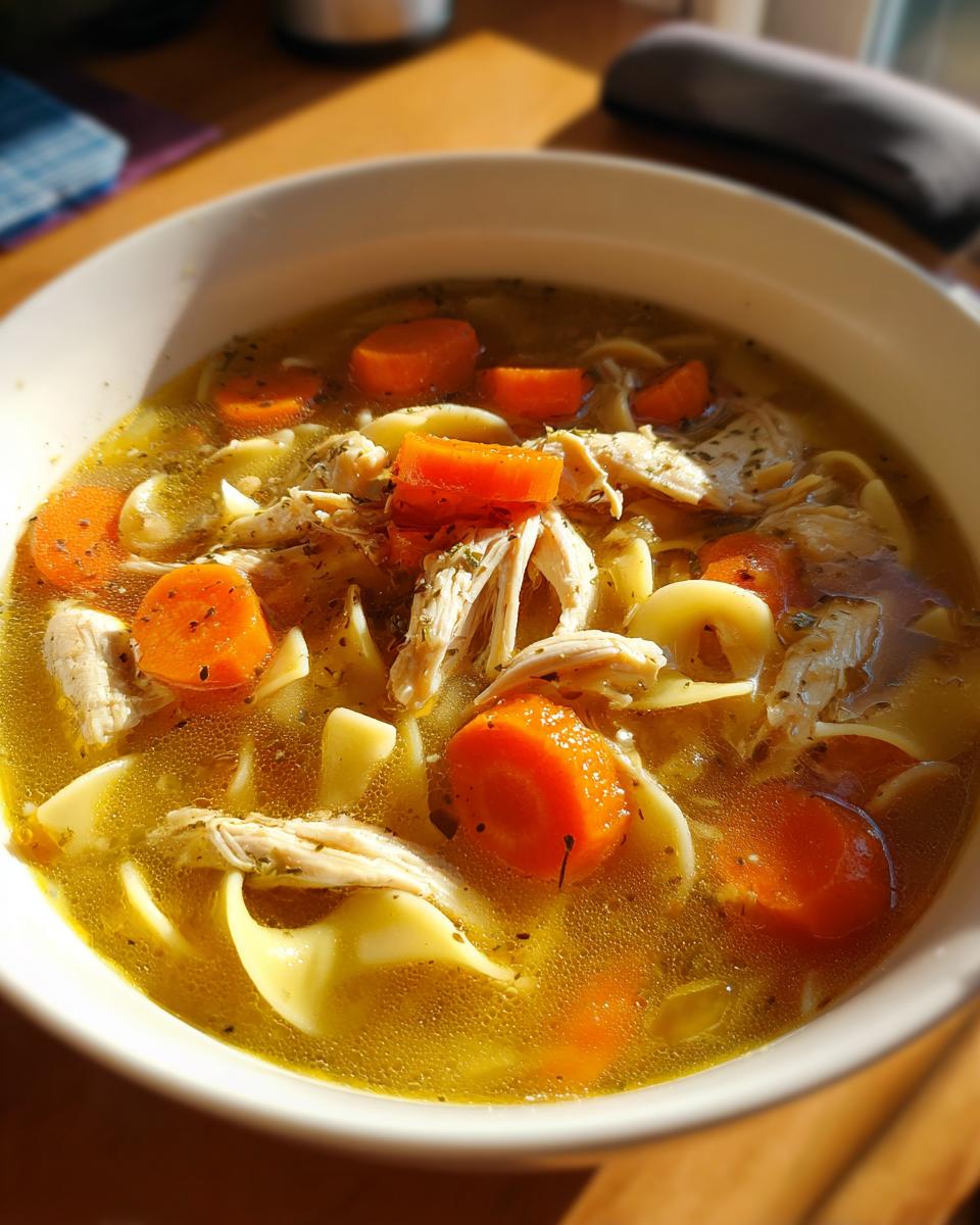Close-up of a bowl of homemade chicken soup with shredded chicken, egg noodles, and bright orange carrots.