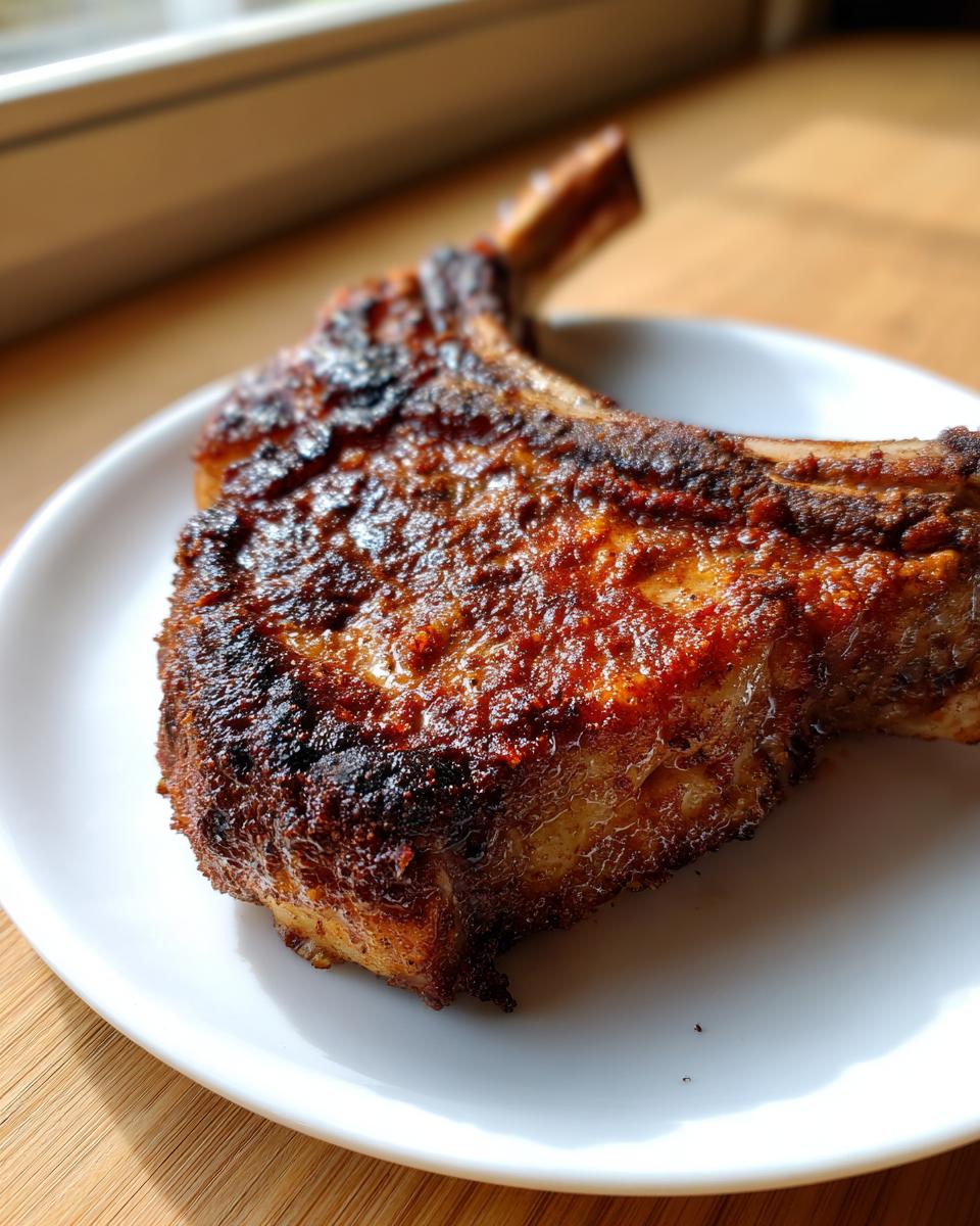 Close-up of a thick, bone-in air fryer pork chop with a dark, seasoned crust served on a white plate.