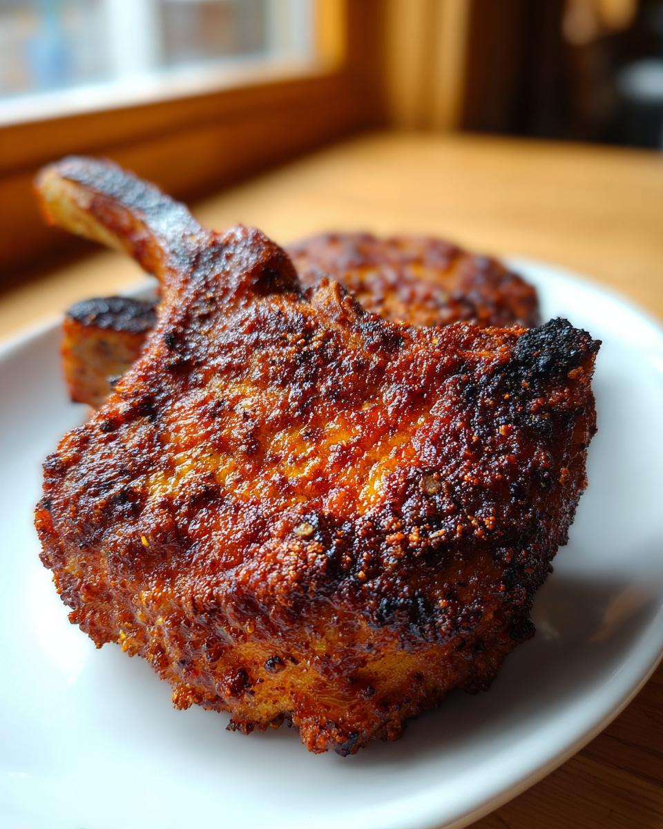 Close-up of a thick, bone-in air fryer pork chop with a heavily seasoned, crispy, dark orange crust.