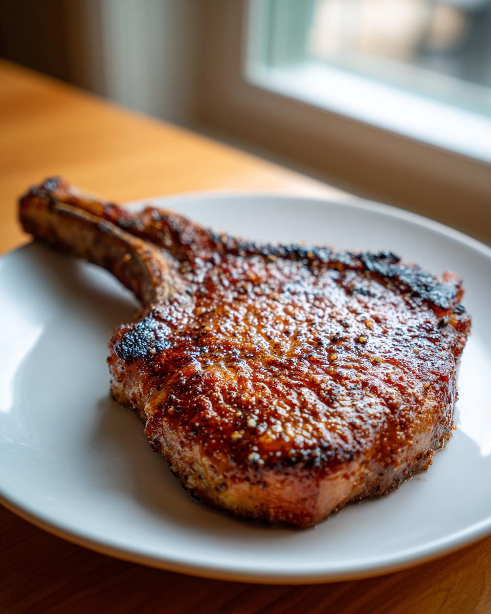 Close-up of a thick, bone-in, perfectly seared air fryer pork chop resting on a white plate.