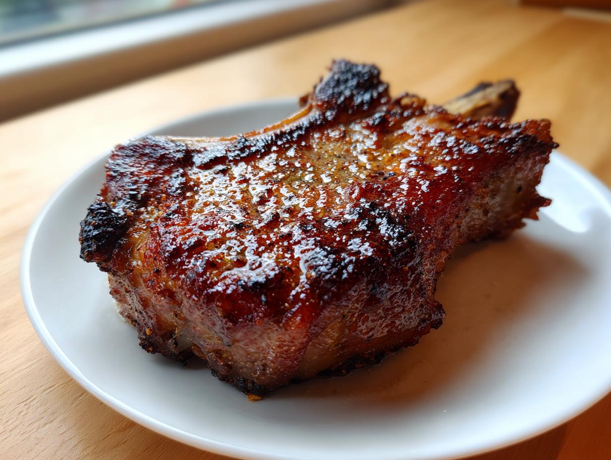 Close-up of a single, thick, bone-in air fryer pork chop with a dark, glossy, caramelized crust.